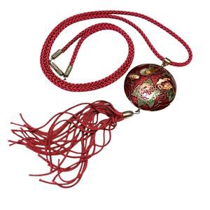 Vintage Asian Cloisonne Pendant Tassel Necklace Red Enamel Butterfly Poppy